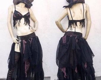 Wasteland Bra & Rag Hang Costume - Corset Skirt - Corset Cropped Top - Gothic - Apocalyptic Outfit - Made to Order - Wasteland Halloween