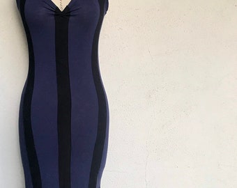 Beetle Dress - Navy Blue and Black - Steampunk Dress - Striped Dress - Gothic Dress - Halloween
