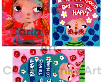 Happy Girl Postcards Set of 3 Digital Image, printable image, art journaling, collage sheet, junk journal