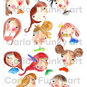 Watercolor Hand Drawn Faces Digital Download for Art Journals, papercrafts, paperdolls, daily planners, junk journals and more image 1