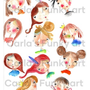 Volti disegnati a mano con acquerelli, download digitale per diari d'arte, creazioni di carta, bambole di carta, agende giornaliere, diari di scarto e altro ancora
