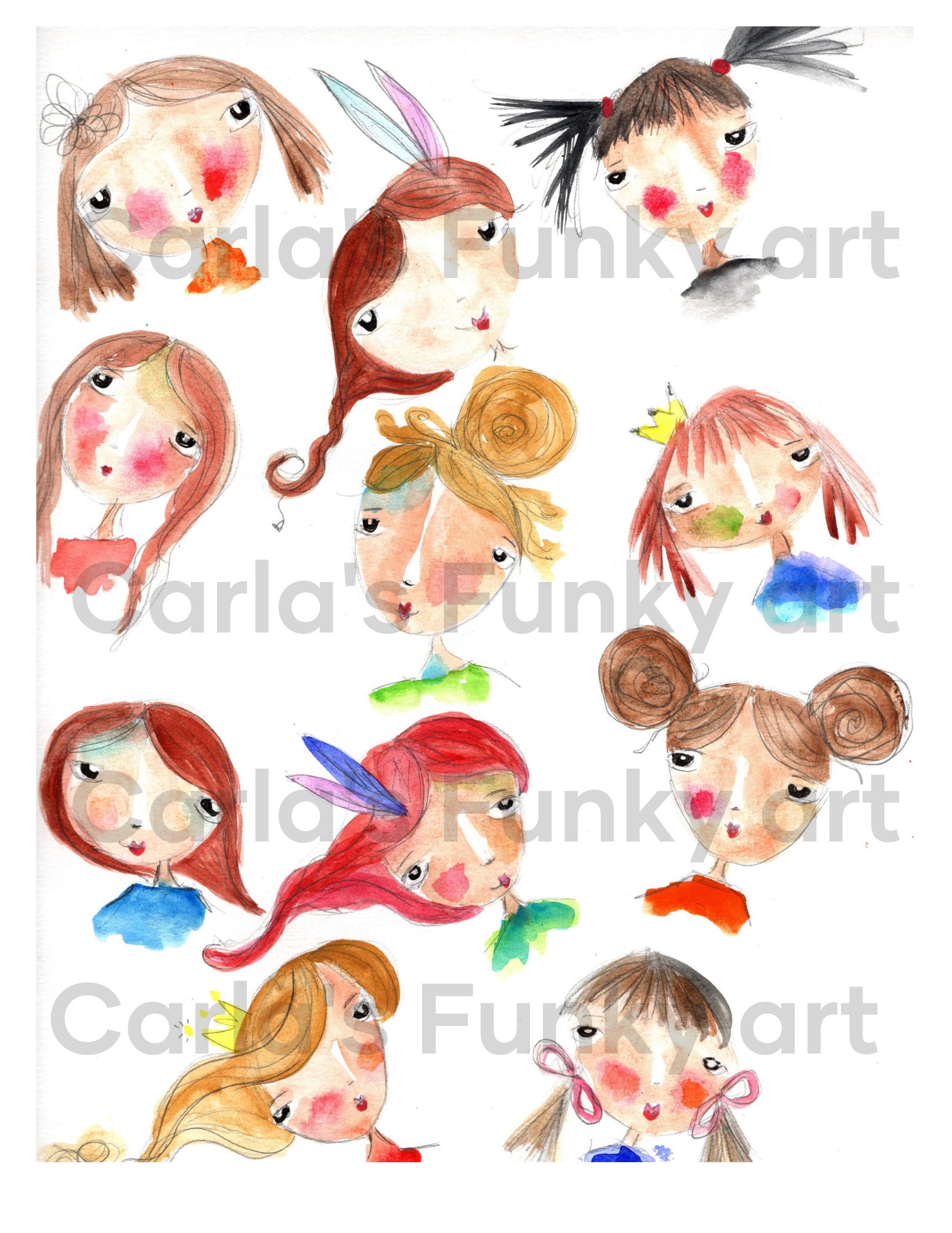Watercolor Hand Drawn Faces Digital Download for Art Journals, papercrafts, paperdolls, daily planners, junk journals and more