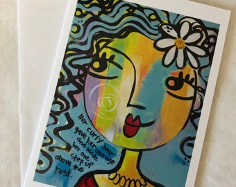 Curly Hair Art Greeting Card, Friendship Gift
