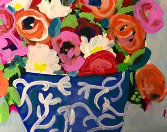 Flowers in a blue vase original painting on paper