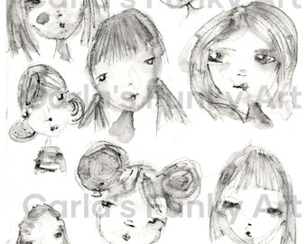 Girls Faces Clip Art, Drawn Face, Scrapbooking Girl, Art journal Digital Clipart Girl