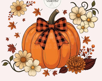 Fall Pumpkin PNG: Plaid Bow, Autumn Flowers Digital Download