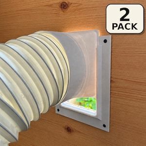 May include: A white flexible dryer vent hose attached to a square white mounting plate with four black screws. The plate is installed on a wood-grain surface. A small square graphic in the top right corner displays the text 2 PACK.