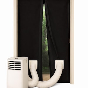 May include: A white portable air conditioner unit connected to two flexible white exhaust hoses that attach to a black fabric door seal panel installed within a door frame, allowing for ventilation while keeping the door partially closed.