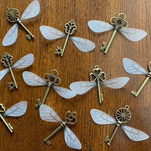 May include: A collection of antique-style keys with delicate, translucent wings. The keys are in various shapes and sizes, with ornate details and a bronze finish. The wings are a pale, off-white color, giving the keys a whimsical appearance.