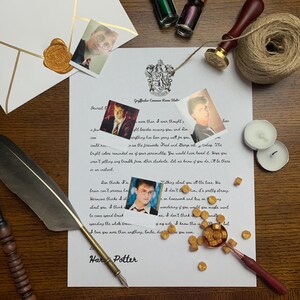 May include: A stationery set with a Harry Potter theme, featuring a handwritten letter, photos, a quill pen, and wax seals. The letter is on white paper with the Gryffindor crest. The scene is set on a wooden surface.