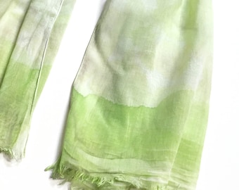 Lime and Gray Scarf, Green Scarf, Bright Green and Gray Scarf, Hand Painted Scarf, Summer Scarf, Beach Scarf, Lightweight Cotton Scarf
