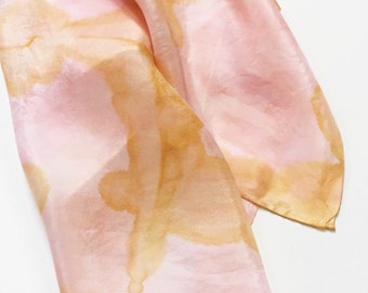 Pink and Gold Silk Scarf, 21", Pink Silk Bandana, Pink Square Scarf, Tie Dye Silk Scarf, Pink Hand Painted Scarf, Mother Gift, Hair Tie
