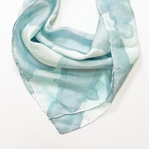 Aqua Silk Scarf, Blue Green Silk Scarf,  21&quot; Square, Hand Painted Silk Scarf, Silk Hair Scarf, Gift for Mom, Silk Bandana, Pale Teal Scarf