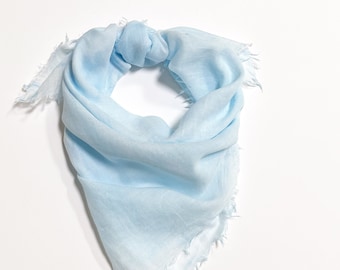 Light Blue Cotton Square Scarf, Blue Bandana with Fringe, Soft Neck Scarf