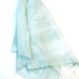 May include: A light blue, sheer fabric scarf with a frayed edge. The fabric has a subtle, uneven texture.