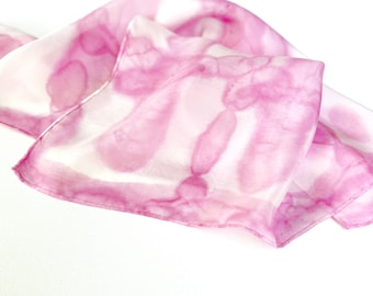 Hand Painted Pink Silk Scarf, 21", Silk Bandana, Pink Square Scarf, Pink Square Scarf, Gift for Mom, Pink and White Scarf, Artistic Scarf