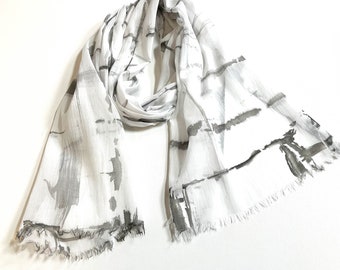 Black and White Scarf, Gray and White Scarf, Mother's Day Gift, Summer Scarf, All Cotton Scarf, Abstract Scarf, Gray Scarf, Artistic Scarf