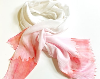 Coral and Pink Dip Dyed Scarf, Coral and White Scarf, Summer Vacation Scarf, All Cotton Scarf, Beach Scarf, Pink and White Cotton Scarf