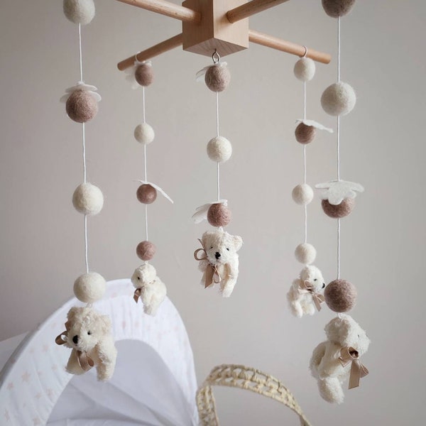 Handmade Teddy Bear Cot Mobile with Wool Felt Pom-Poms, Oak Leaves, Wooden Frame in Ivory & Brown, or Custom Colors -30 Wool Pom-Pom Options