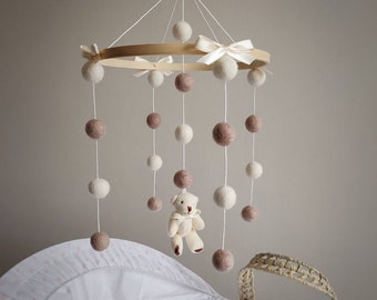 Customized Plush Teddy Bear Cot Mobile Nursery Hanging Decor with Wool Felt Pom-Poms, Silk Bows, Bamboo Hoop Frame - Custom Colors Available