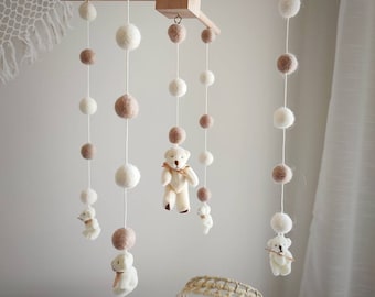 Natural Wood Frame Baby Nursery Cot Mobile with White Soft Plush Miniature Teddy Bears, Ivory and Brown Wool Felt Pom Pom Balls Decor