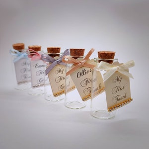 Personalized Baby Keepsake: Mini Glass Bottle for First Haircut and First Tooth, Christening and Baptism Favors
