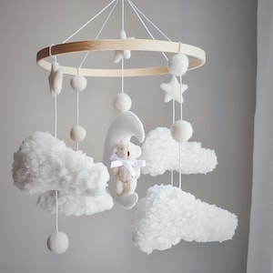 Plush Teddy Bear on a Moon with Soft Lambswool Look Clouds Cot Mobile - Wool Felt Pom-Pom Balls & Natural Bamboo Hoop, Color Customisation
