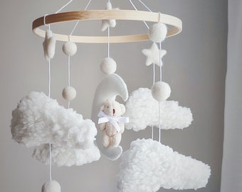 Plush Teddy Bear on a Moon with Soft Lambswool Look Clouds Cot Mobile - Wool Felt Pom-Pom Balls & Natural Bamboo Hoop, Color Customisation