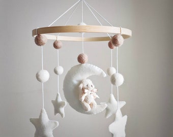 Plush teddy bear on a Moon with stars cot mobile with wool felt pom-pom balls & natural bamboo hoop frame, color customization available