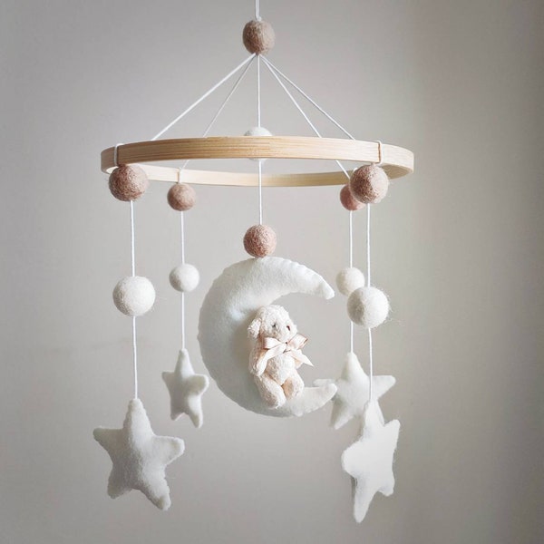 Plush teddy bear on a Moon with stars cot mobile with wool felt pom-pom balls & natural bamboo hoop frame, color customization available