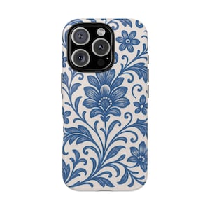 Funda para iPhone con diseño floral de cerámica azul y hojas, protección para iPhone 15 y 16