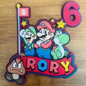 Super Mario Birthday Cake Topper – Personalized with Name & Age – Mario, Luigi, Yoshi and Goomba Party Decoration