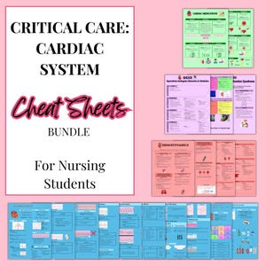 Puede incluir: Un conjunto de hojas de trucos para estudiantes de enfermería sobre un fondo rosa. El título principal dice "CRITICAL CARE: CARDIAC SYSTEM Cheat Sheets BUNDLE For Nursing Students." Hojas adicionales cubren medicamentos cardíacos, shock y hemodinámica.
