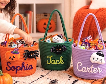 Personalized Halloween Treat Basket for Kids, Custom Name Trick or Treat Bag, Cotton Rope Candy Tote with Removable Pumpkin Ghost Charm