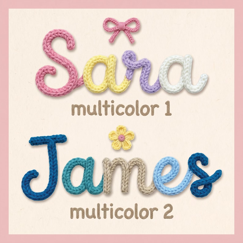 Puede incluir: Sobre un fondo rosa claro, los nombres "Sara" y "James" est&aacute;n hechos con hilo multicolor. "Sara" es rosa, amarillo, morado y blanco, con un lazo rosa arriba. "James" es azul, turquesa, beige y celeste, con una flor amarilla.