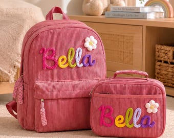 Conjunto personalizado de mochila e lancheira infantil, mochila de veludo cotelê com nome personalizado, lancheira escolar, presente de volta às aulas para meninos e meninas.
