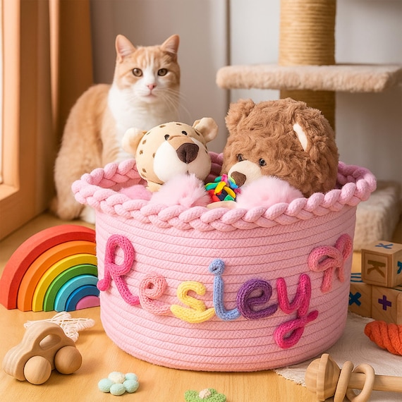 Personalized Pet Toy Storage Basket – Custom Dog Cat Name Basket, Soft Cotton Rope Organizer for Pet, Puppy Gift, Pet Storage, Home Decor