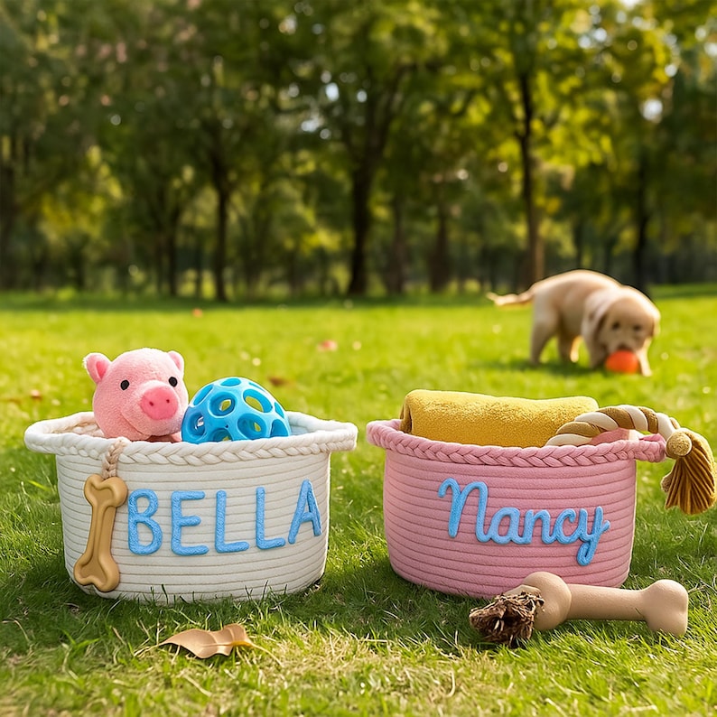 Puede incluir: Dos cestas de cuerda sobre hierba, una blanca con "BELLA" en letras azules, con un juguete de cerdo rosa y una pelota azul. La otra es rosa con "Nancy" en azul, con una toalla amarilla y un juguete de cuerda. Un perro juega al fondo.