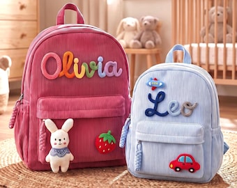 Zaino personalizzato in velluto a coste per bambini, zaino con nome personalizzato, zaino per la scuola materna, zaino per bambini piccoli, borsa scolastica ricamata, regalo per il ritorno a scuola