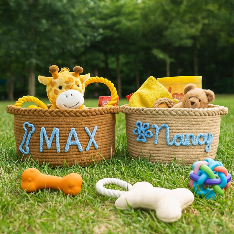 Puede incluir: Dos cestas de cuerda con letras azules "MAX" y "Nancy" sobre hierba verde. La cesta "MAX" contiene un peluche de jirafa. La cesta "Nancy" contiene un peluche de oso de peluche. Juguetes para perros esparcidos delante.