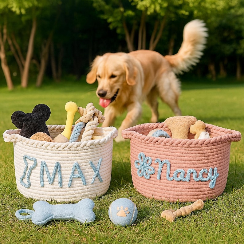 Puede incluir: Dos cestas de cuerda llenas de juguetes para perros sobre hierba. Una es de color crema con "MAX" en letras azules, la otra es rosa con "Nancy" en escritura azul. Un perro golden retriever est&aacute; en el fondo.