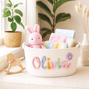 Personalized Baby Gift Basket – Custom Name Storage Bin, Embroidered Cotton Rope Toy Basket, Baby Shower Gift, Room Organizer, Nursery Gift