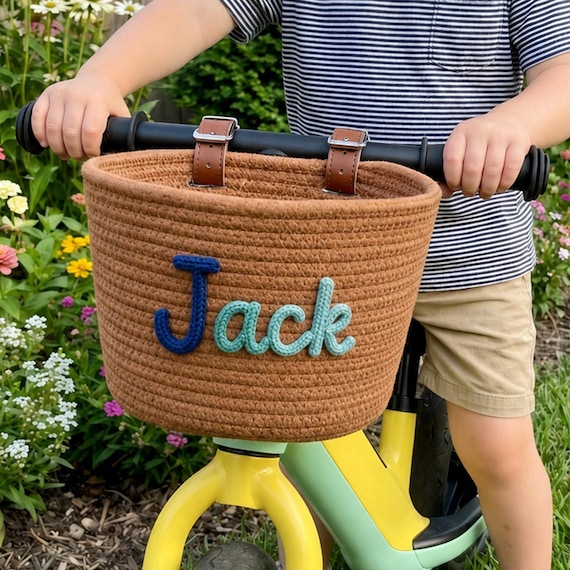 Personalized Kids Bike Basket, Cotton Rope Scooter Basket with Adjustable Leather Straps, Custom Name Bicycle Basket, Birthday Gift