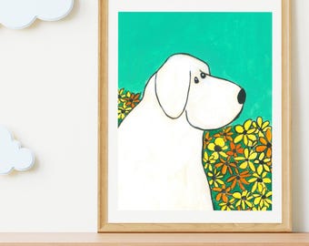 Whimsical Dog with Flowers Print | Cheerful Nursery Wall Art