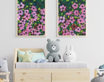 Pink Floral Nursery Wall Art Set of 2, Flower Prints, Girls Room Decor