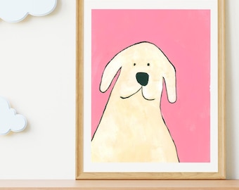 May include: A framed art print featuring a whimsical illustration of a dog. The dog is depicted in a simple, cartoonish style with a cream-colored body, black nose, and a pink background. The artwork is encased in a light brown wooden frame.
