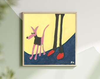 May include: A framed painting featuring a stylized dog in pink and black, standing near a person's legs with red shoes. The background is yellow and blue, with the artist's initials in the bottom right corner. The artwork has a whimsical, modern style.