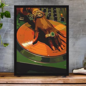 Retro Soul Wall Art – Black Woman DJ Hand, Funky Vinyl Record Print, 70s Music Decor, Digital Download for Afrocentric Home Style