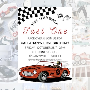 Race Car First Birthday Invitation: Fast One Theme (Editable Canva Template - Digital Download