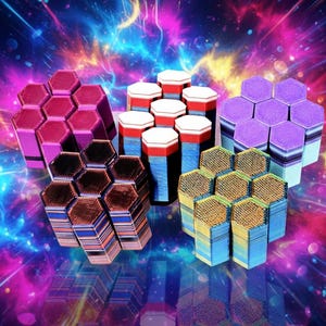 May include: A collection of colorful, hexagonal objects in shades of pink, purple, blue, and gold. The objects are arranged in clusters, with a vibrant, space-themed background featuring streaks of light and color.